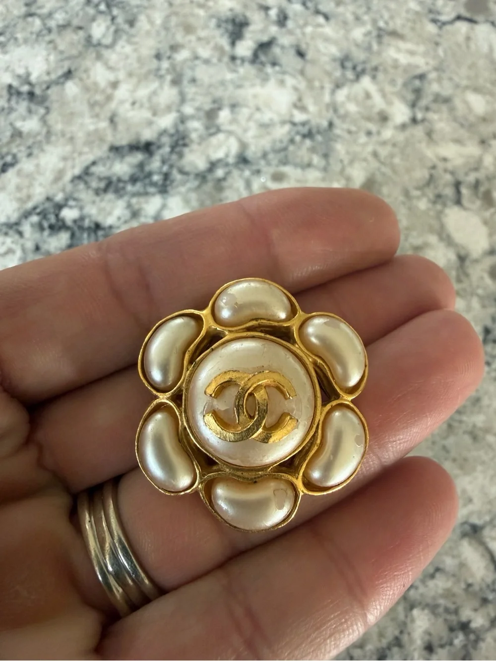 CHANEL Cream Pearl Camellia Clip-On Earrings with Gold CC Logo